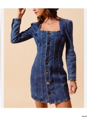 Square-Neck Denim Button-Front Dress - Blue - House of Harlow